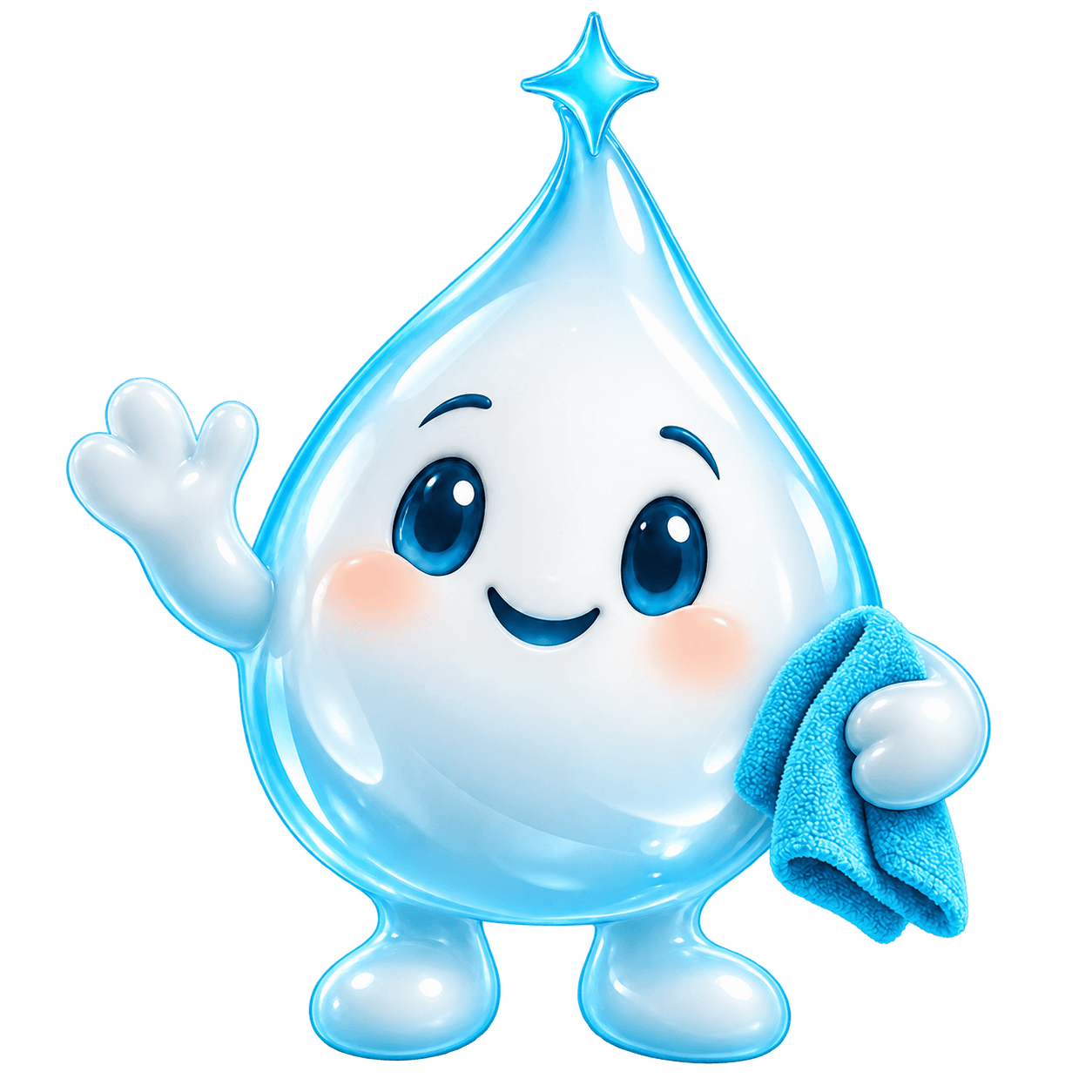 Tidy, a friendly cyan-blue water droplet mascot waving hello
